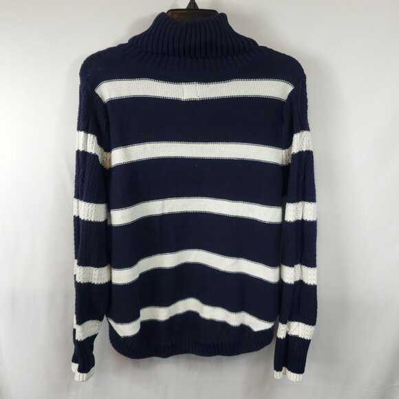 Gap Chunky Knit Turtleneck Navy Blue White Stripe Lng Slv Sweater Sz XL - Picture 2 of 12